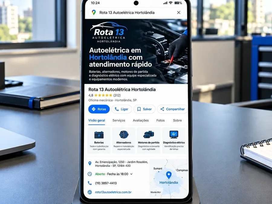 Site fictício Autoelétrica Rota 13 em um celular Android, imagem do artigo sobre como aparecer no Google Maps