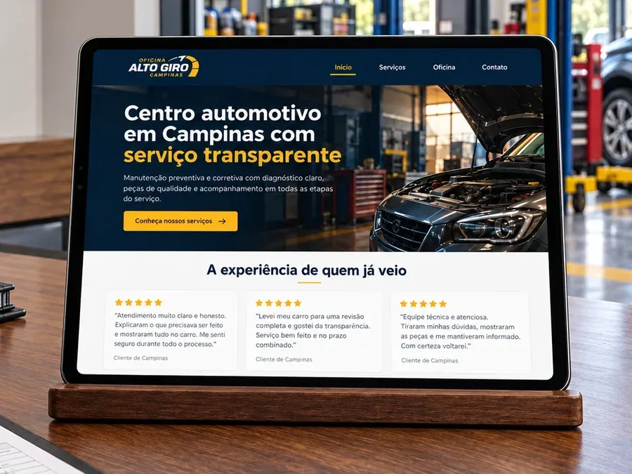 Site fictício Oficina Alto Giro em um tablet, imagem do artigo sobre como conseguir avaliações no Google