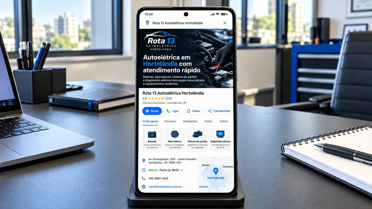 Detalhe do site fictício Autoelétrica Rota 13 em um celular Android, exemplo prático do artigo sobre como conseguir avaliações no Google