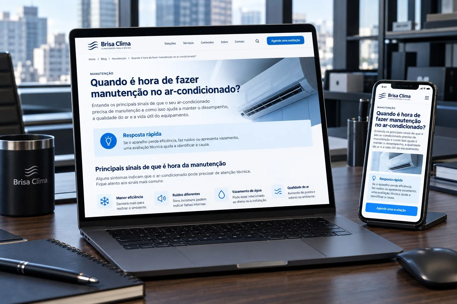 Artigo da Brisa Clima sobre manutenção de ar-condicionado em laptop e celular
