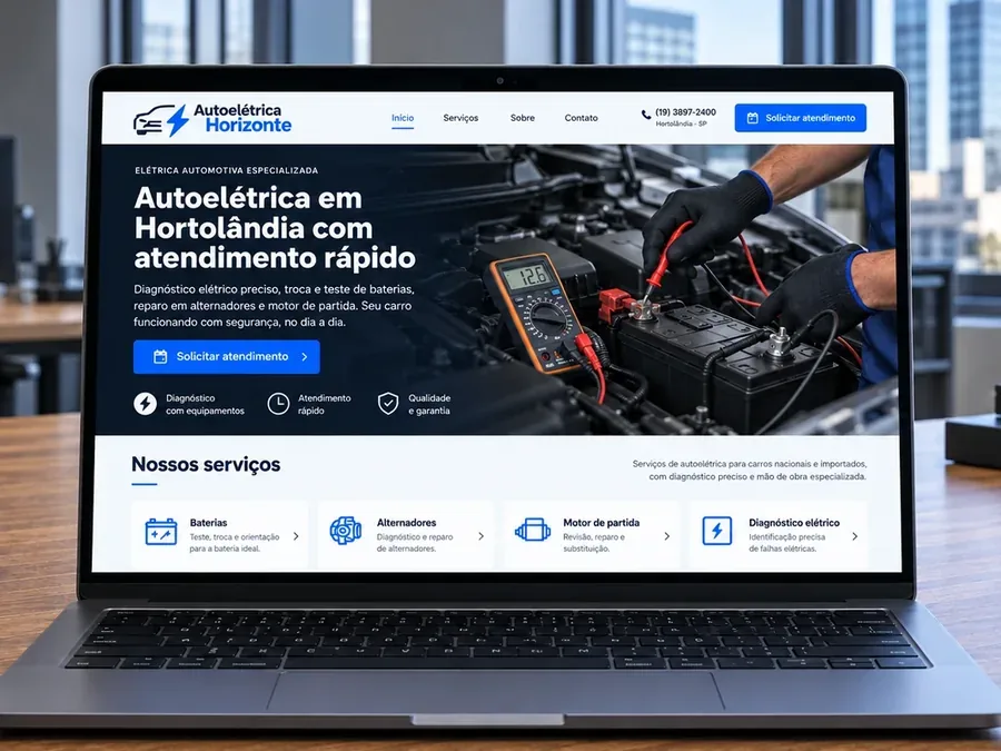 Site fictício Autoelétrica Horizonte em um notebook, imagem do artigo sobre como conseguir clientes para autoelétrica