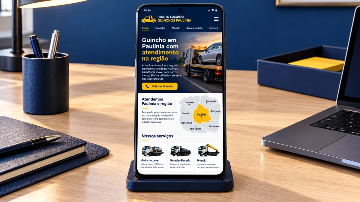 Detalhe do site fictício Pronto Socorro Guinchos em um celular Android, exemplo prático do artigo sobre como conseguir clientes para guincho