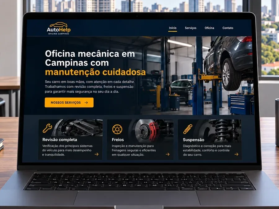 Site fictício AutoHelp Oficina em um notebook, imagem do artigo sobre editar o site sozinho ou contar com manutenção