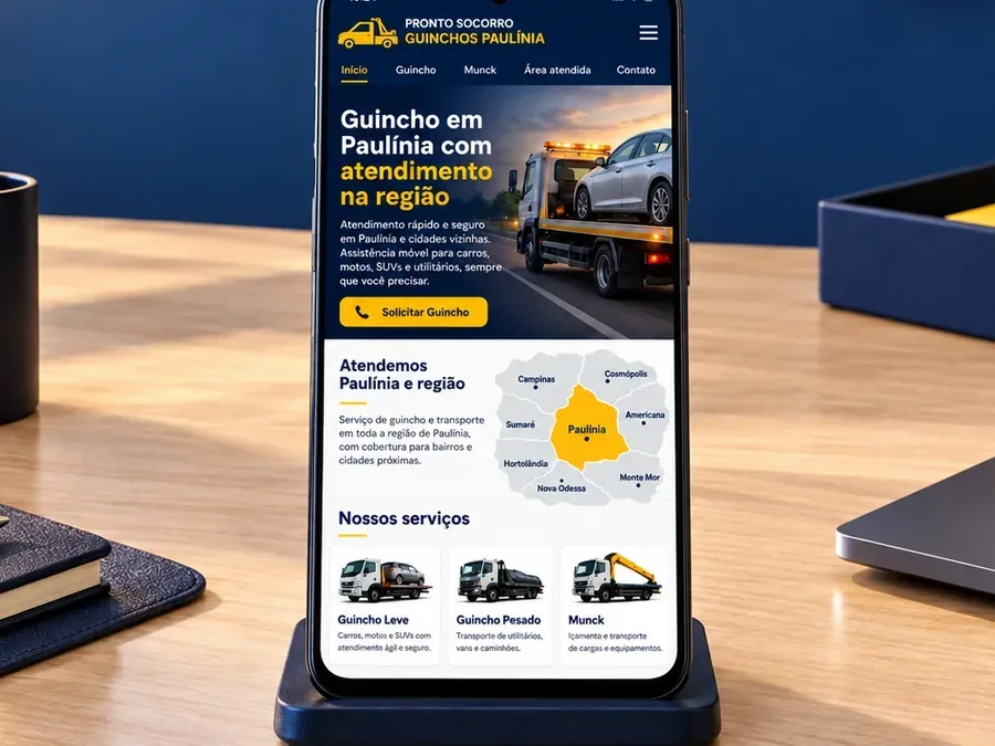 Site fictício Pronto Socorro Guinchos em um celular Android, imagem do artigo sobre empresa sem endereço no Google Maps