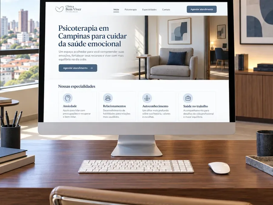 Site fictício Clínica Bem Viver Psicologia em um computador all-in-one, imagem do artigo sobre ferramenta de auditoria x análise humana