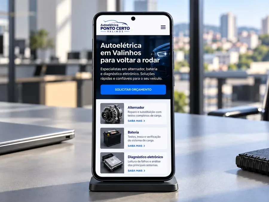 Site fictício Autoelétrica Ponto Certo em um celular Android, imagem do artigo sobre ter site mesmo tendo Instagram