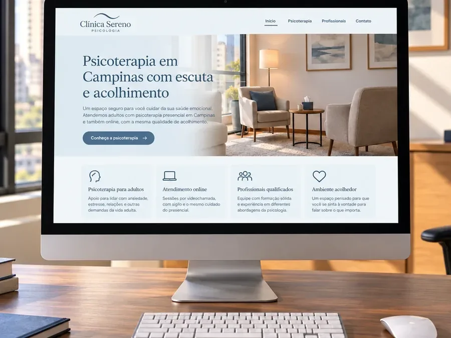 Site fictício Clínica Sereno Psicologia em um computador all-in-one, imagem do artigo sobre o que o psicólogo pode divulgar no site