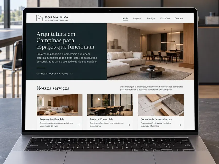 Site fictício Forma Viva Arquitetura em um notebook, imagem do artigo sobre quanto custa um site