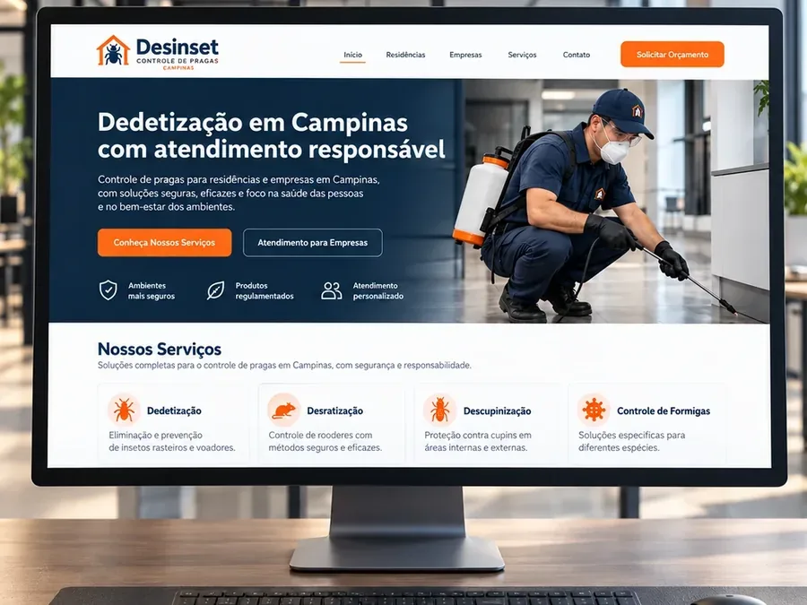 Site fictício Desinset Controle de Pragas em um monitor de mesa, imagem do artigo sobre SEO ou Google Ads