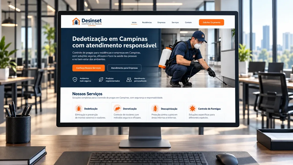 Detalhe do site fictício Desinset Controle de Pragas em um monitor de mesa, exemplo prático do artigo sobre como o site reduz o custo do anúncio