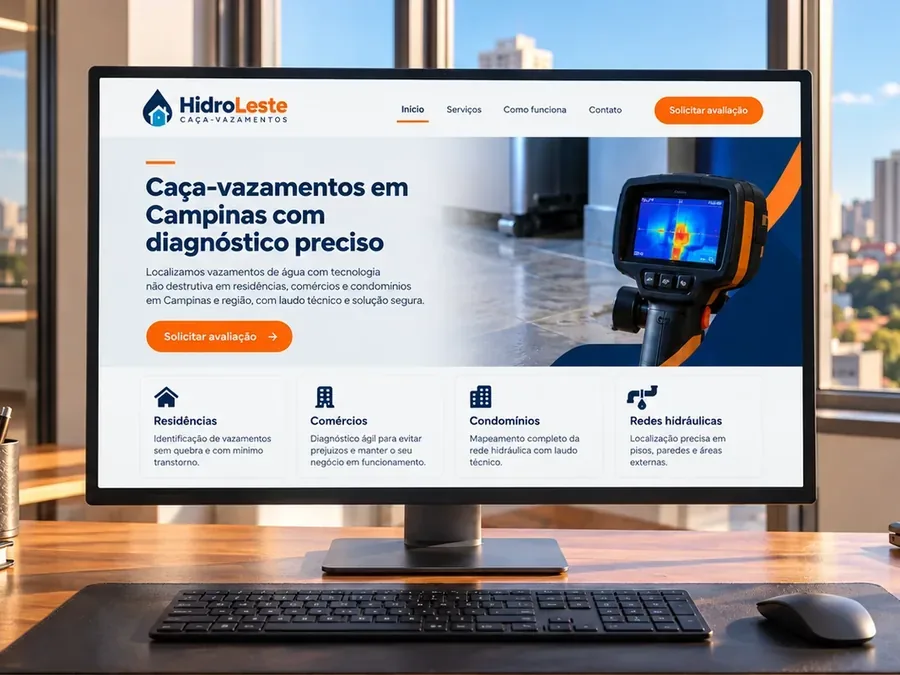 Site fictício HidroLeste Caça-Vazamentos em um monitor de mesa, imagem do artigo sobre o site preparado para Google Ads