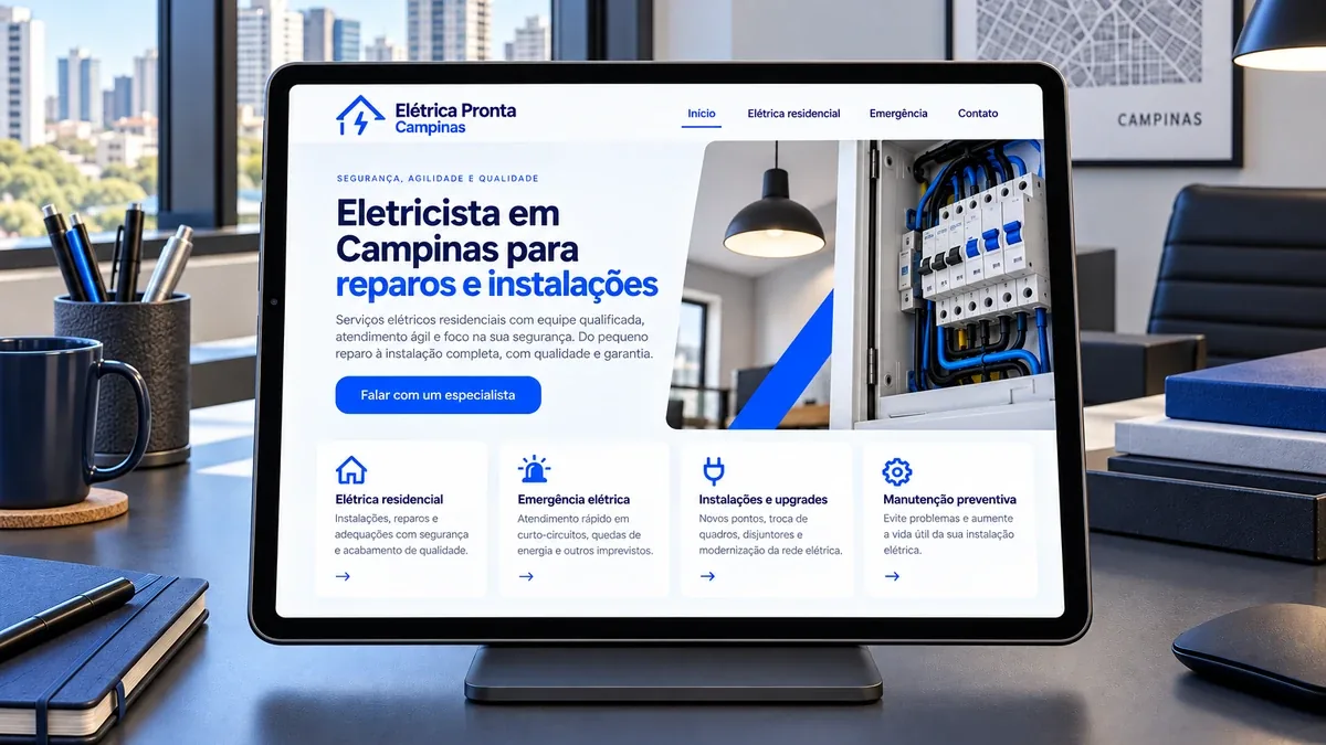 Detalhe do site fictício Elétrica Pronta Campinas em um tablet, exemplo prático do artigo sobre o que é um site otimizado
