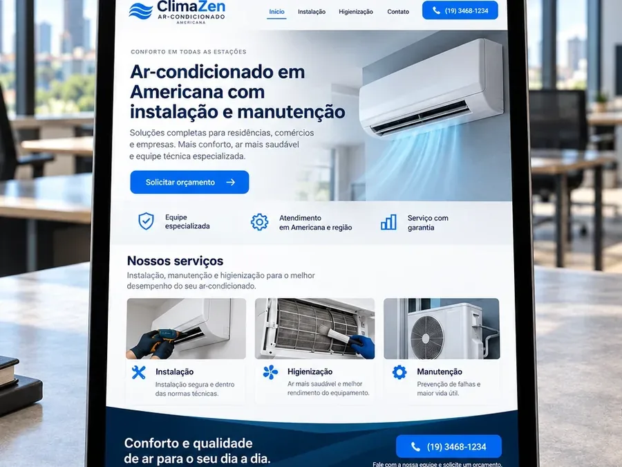 Site fictício ClimaZen Ar-Condicionado em um tablet, imagem do artigo sobre a escolha entre site e landing page
