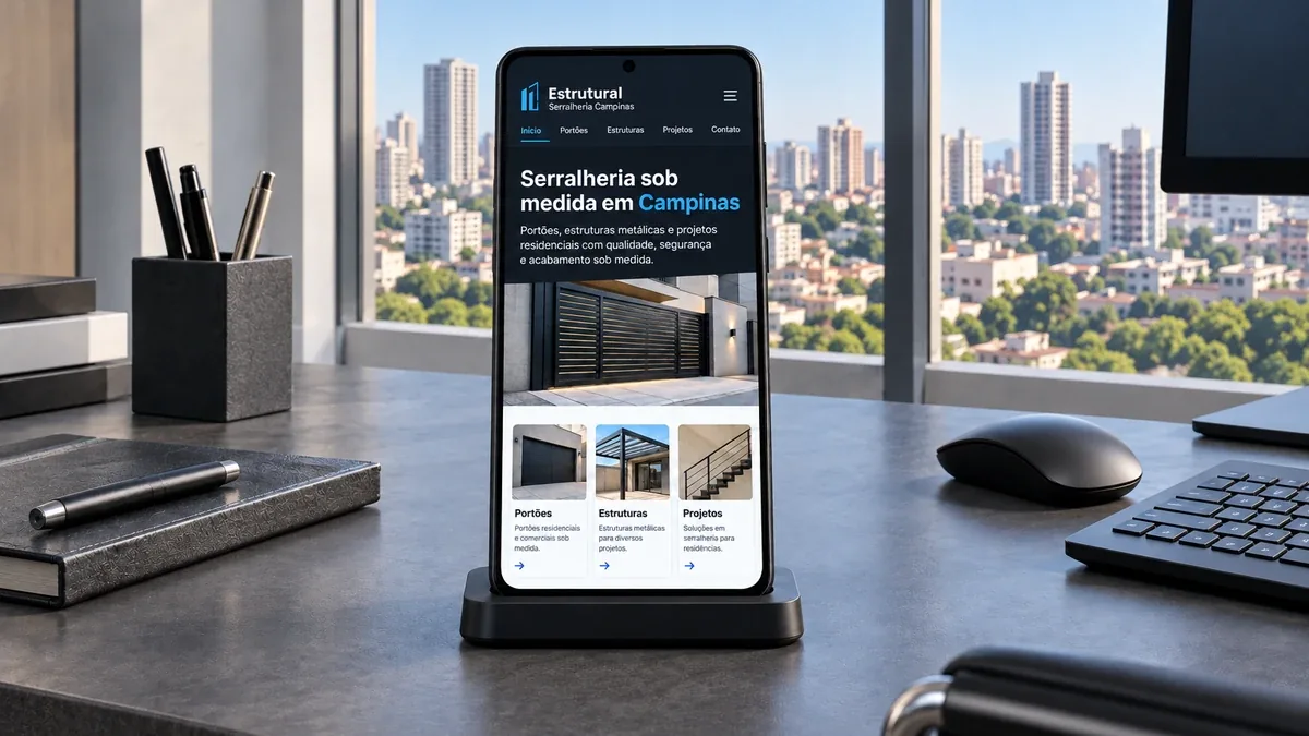 Detalhe do site fictício Estrutural Serralheria em um celular Android, exemplo prático do artigo sobre trocar de site sem perder posição no Google