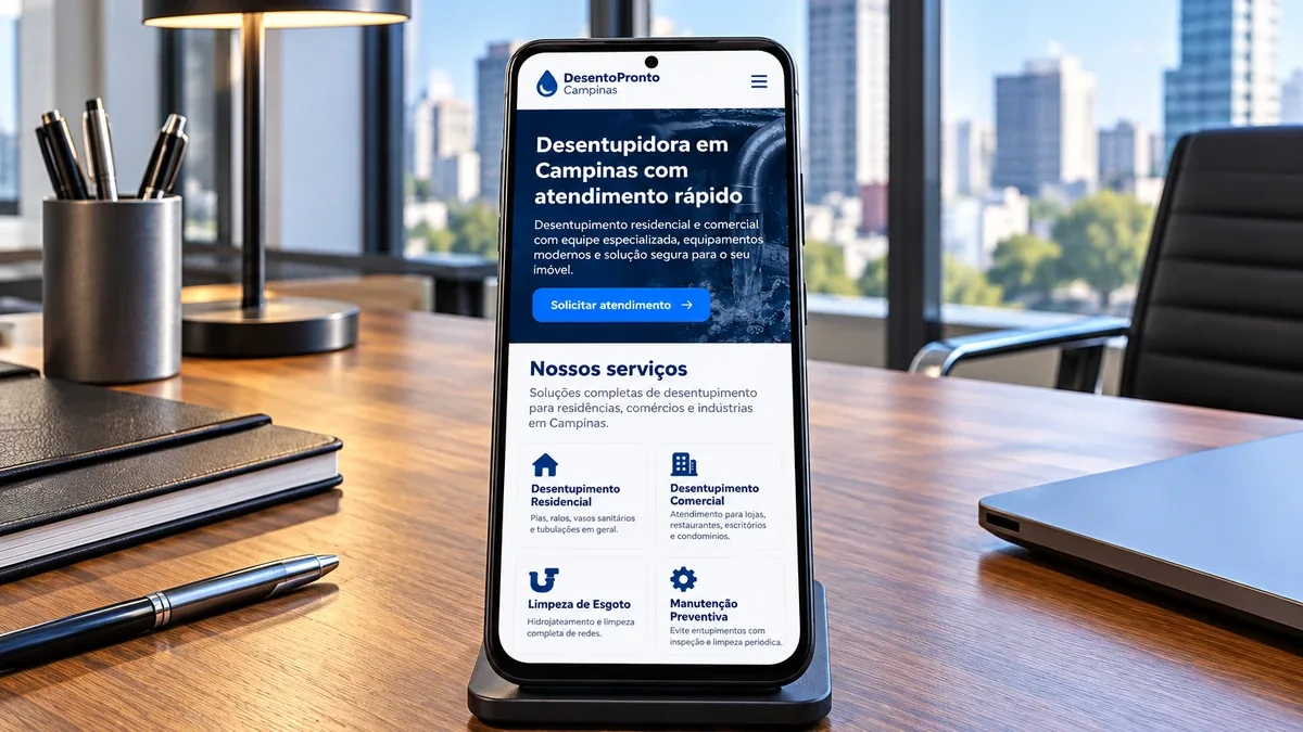 Detalhe do site fictício DesentoPronto Campinas em um celular Android, exemplo prático do artigo sobre o botão de WhatsApp no site