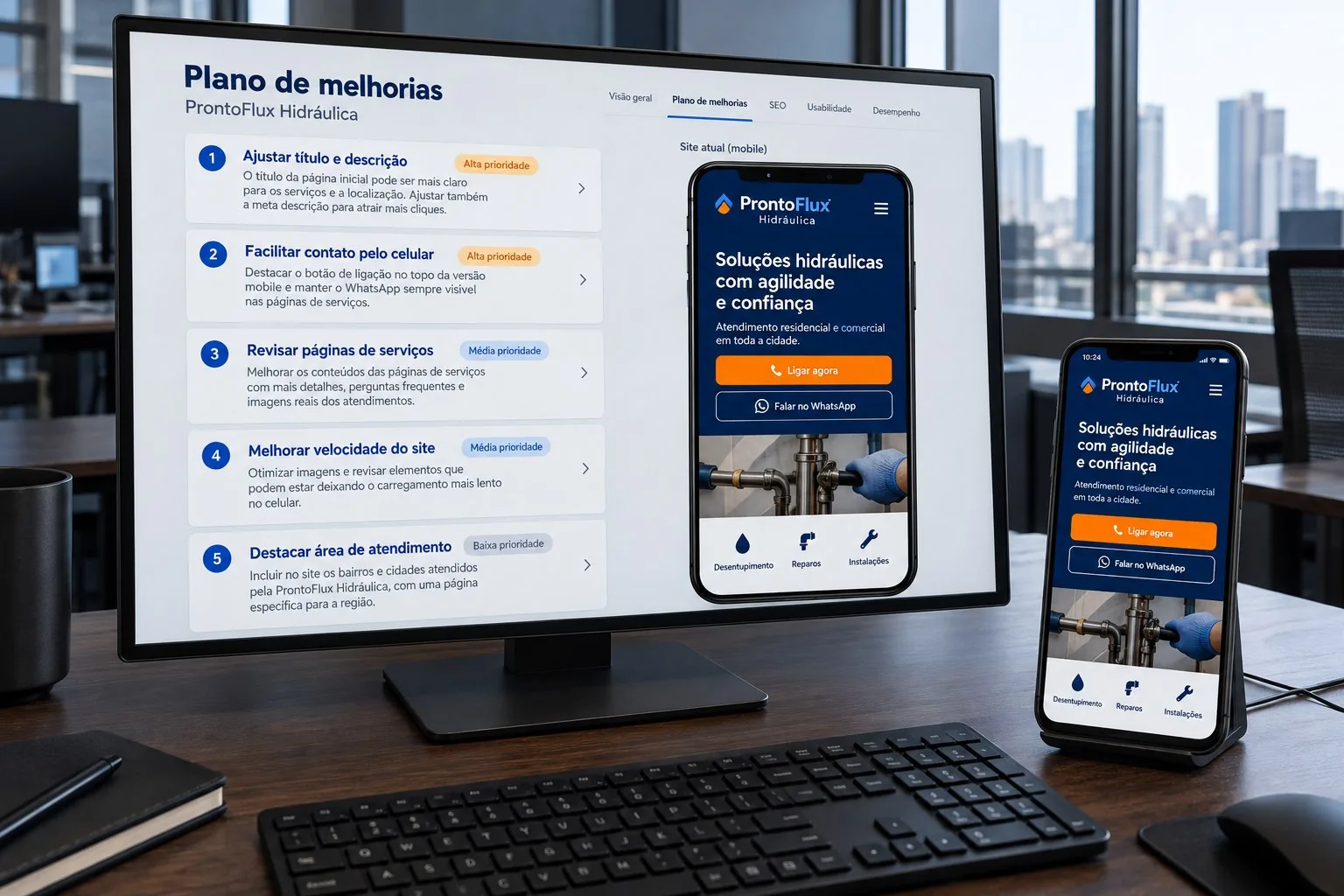 Plano de melhorias do site da ProntoFlux Hidráulica em computador e celular