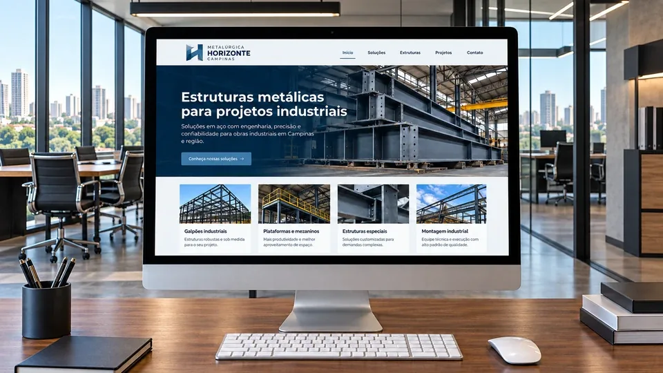 Mockup do site fictício Metalúrgica Horizonte em um computador all-in-one, com serviços e projetos da empresa em Campinas.