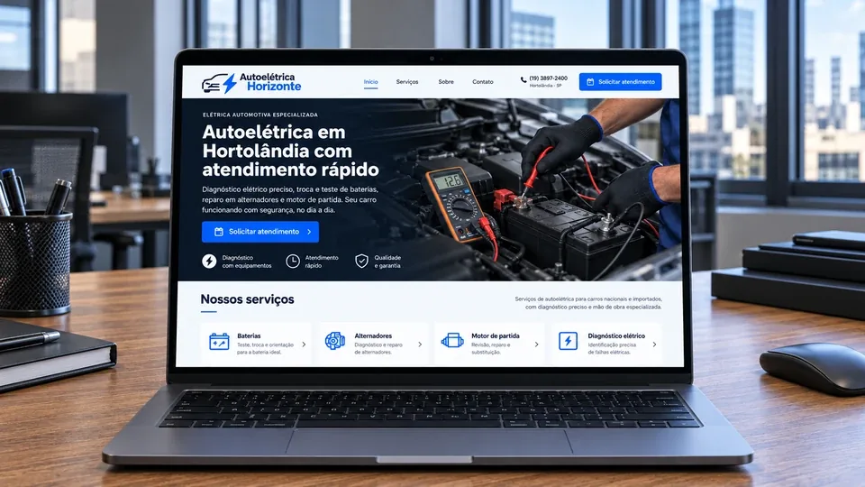 Mockup do site da Autoelétrica Horizonte, com serviços de diagnóstico automotivo para Hortolândia, em um notebook.