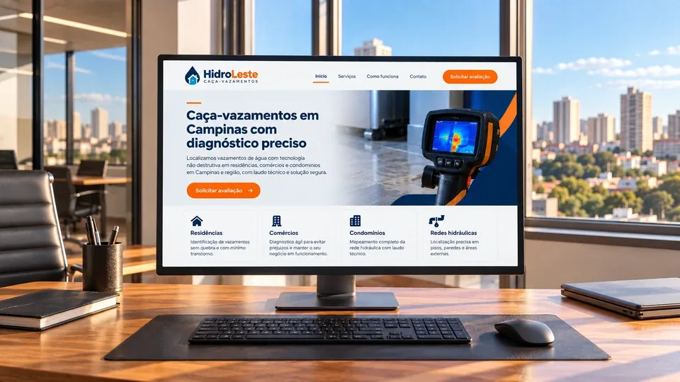 Mockup da campanha de anúncios da empresa fictícia HidroLeste Caça-Vazamentos em um monitor de escritório.