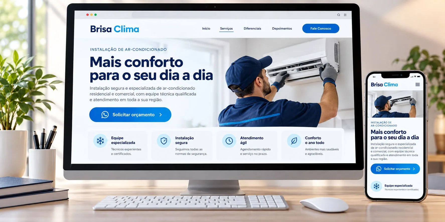 Landing page fictícia da Brisa Clima para instalação de ar-condicionado em computador e celular