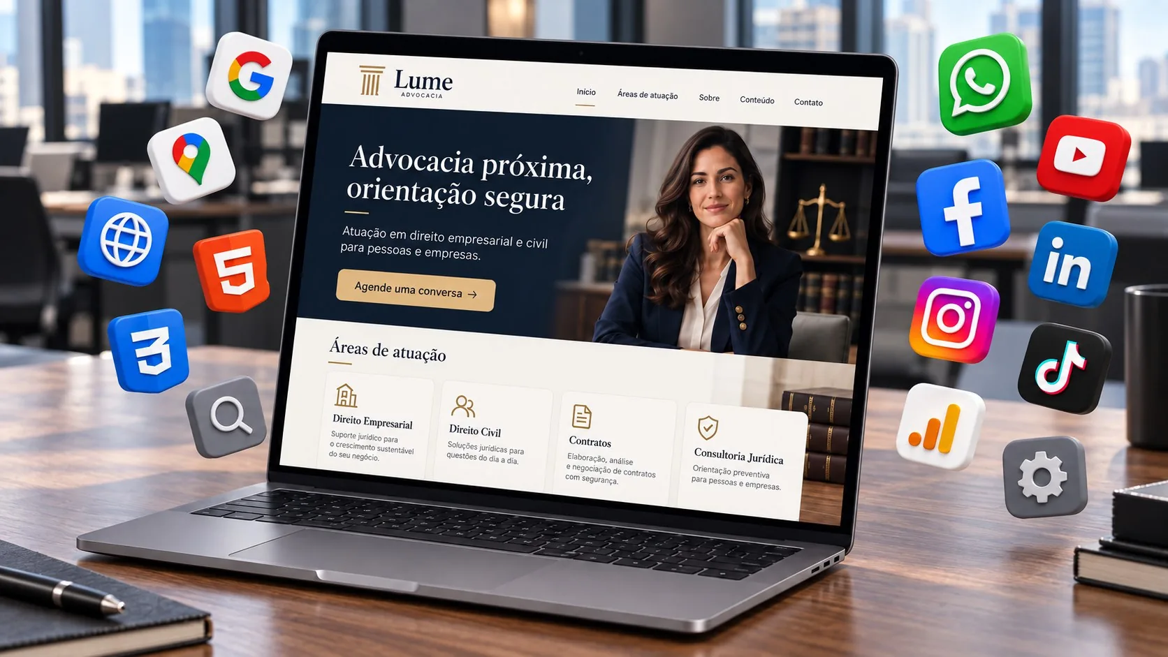 Mockup do site fictício Lume Advocacia com ícones de redes, Google, domínio e desenvolvimento ao redor