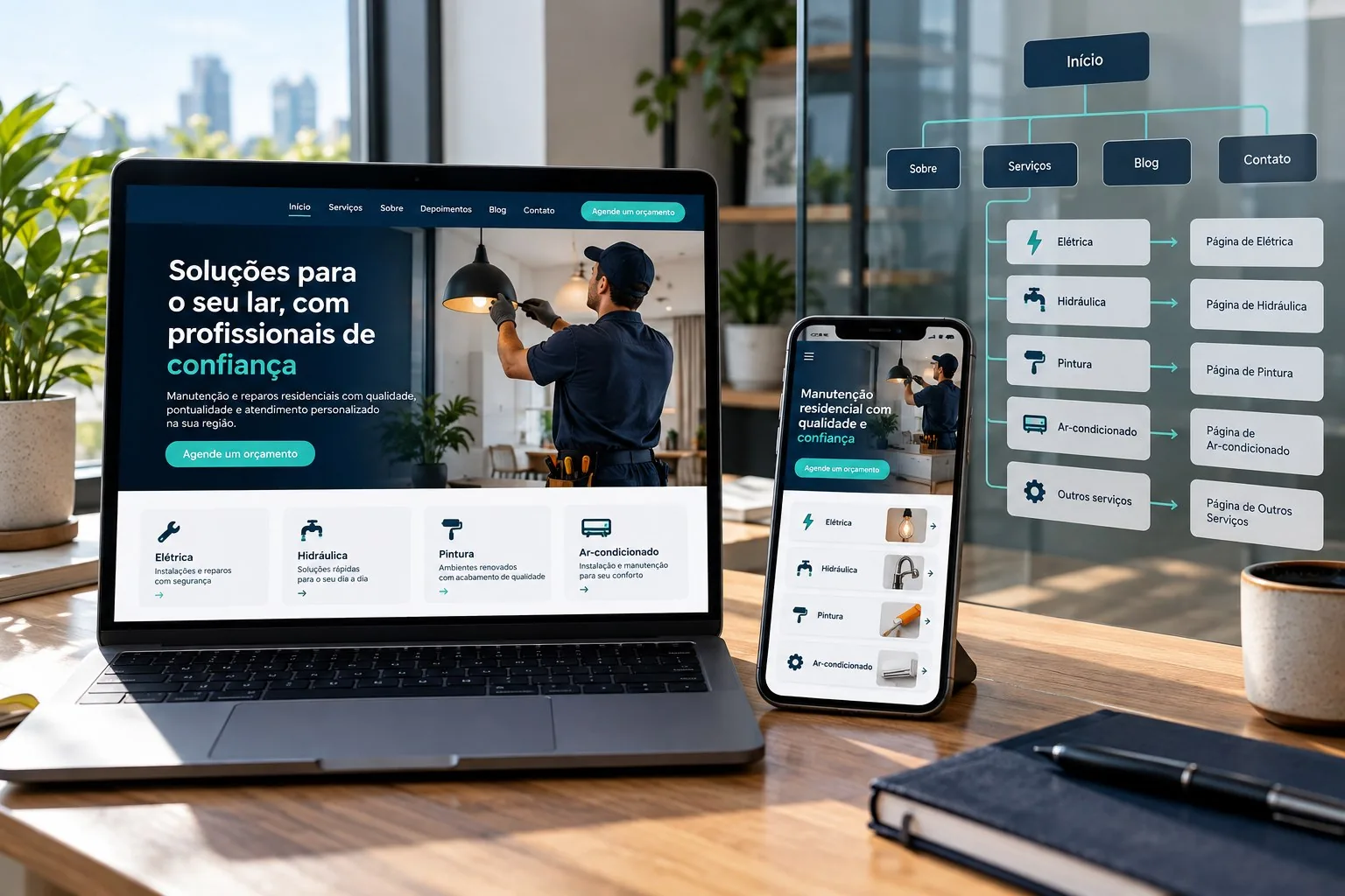 Site de uma empresa de manutenção residencial em computador e celular ao lado do mapa de suas páginas por serviço