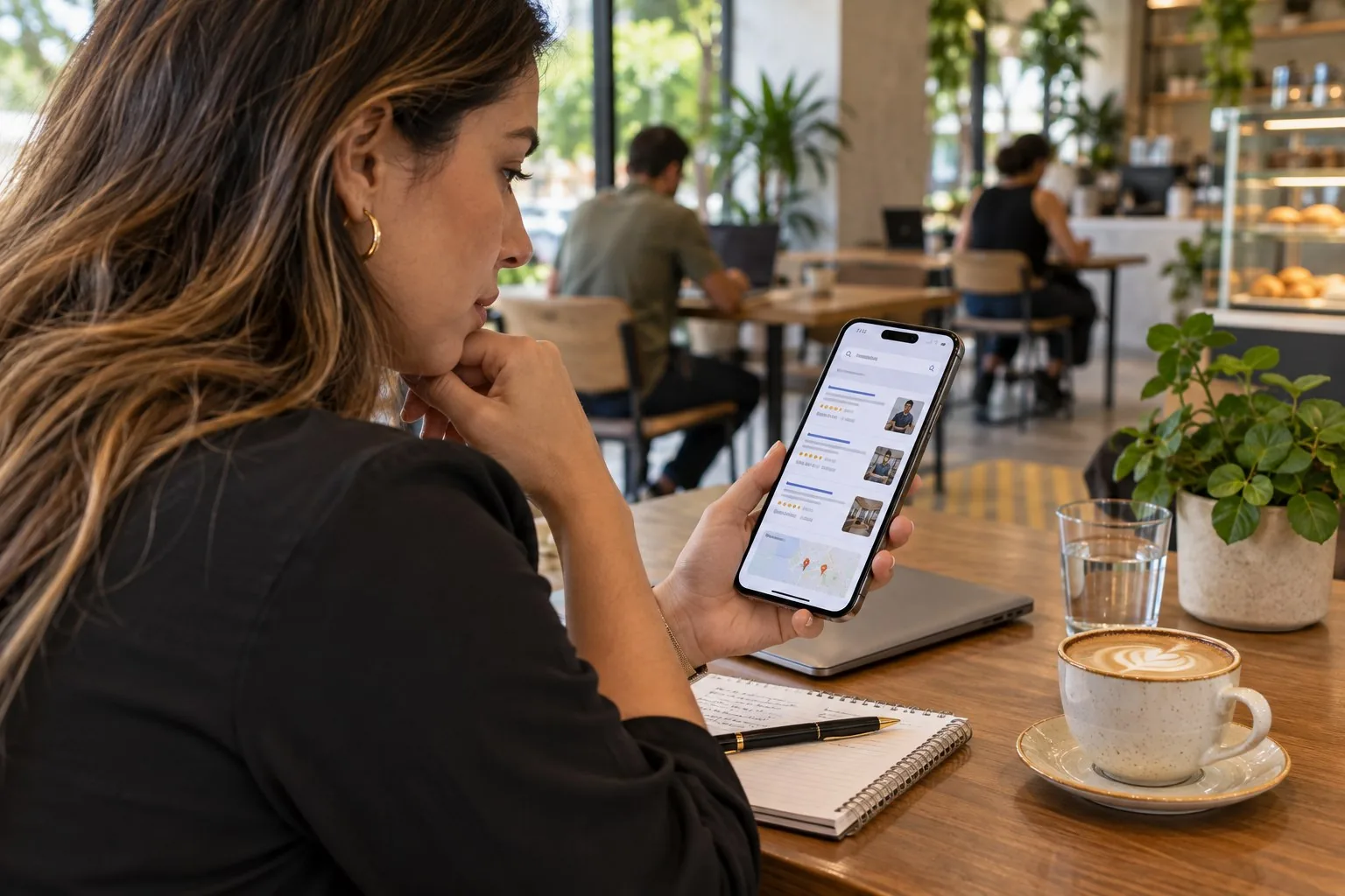 Empresária local pesquisando por um serviço no celular enquanto está em um café