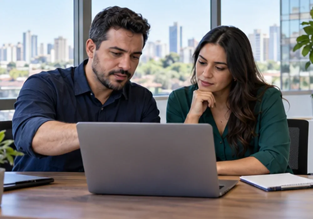 Homem e mulher conversando diante de um notebook sobre o orçamento do site da empresa, em escritório com vista da cidade