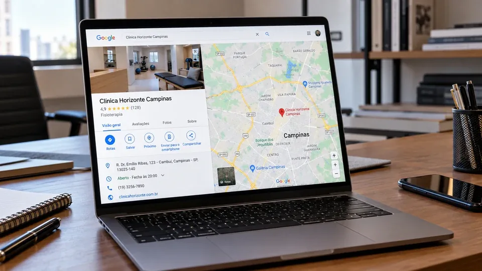 Notebook com o perfil fictício da Clínica Horizonte Campinas no Google Maps, com avaliações, endereço e mapa da região