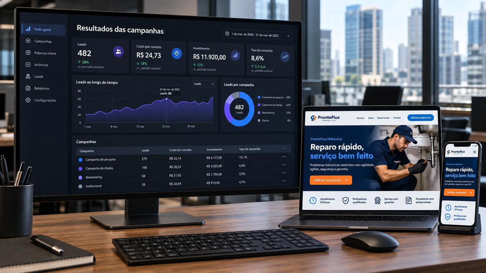 Painel de campanhas e landing page fictícia da ProntoFlux Hidráulica apresentados em um escritório moderno