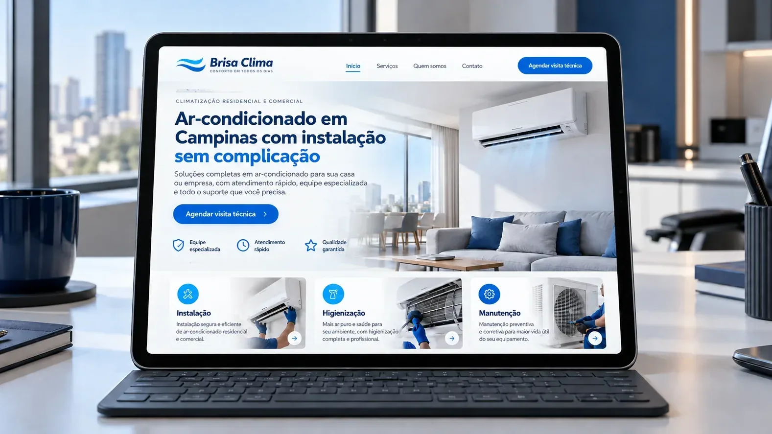 Tablet mostrando a landing page fictícia da Brisa Clima, com serviços de ar-condicionado em Campinas