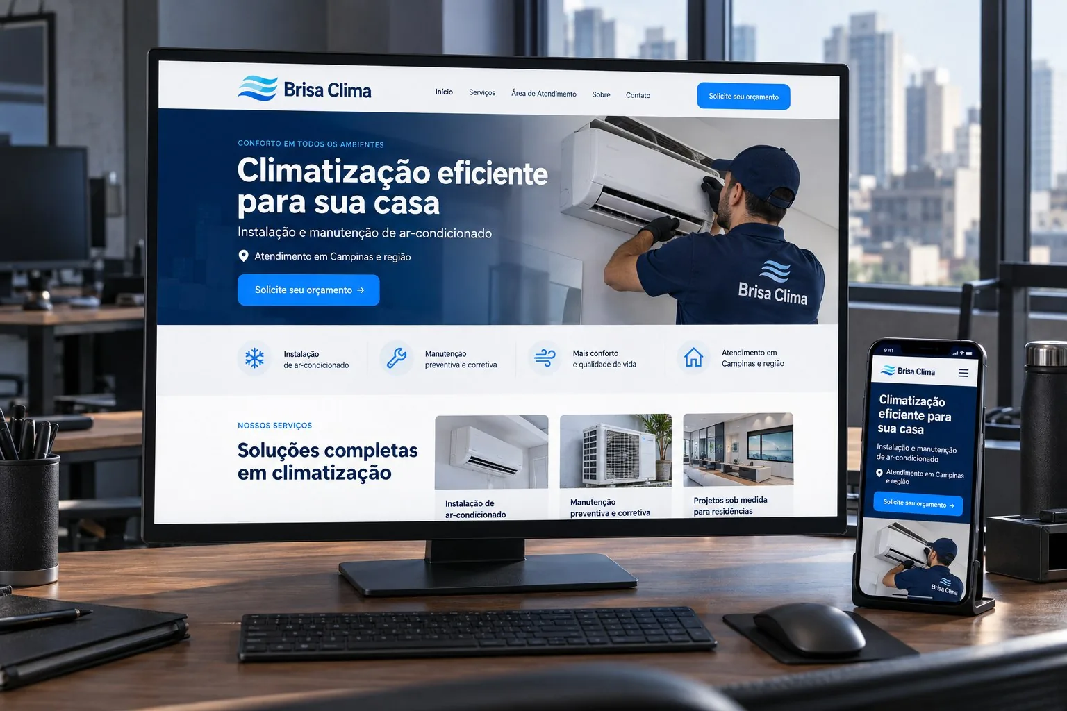 Mockup responsivo do site Brisa Clima para instalação e manutenção de ar-condicionado, fotografado em um escritório moderno