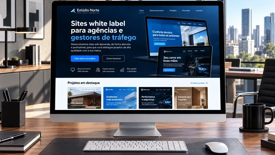 Monitor com o site fictício Estúdio Norte, que oferece sites white label para agências e gestores de tráfego