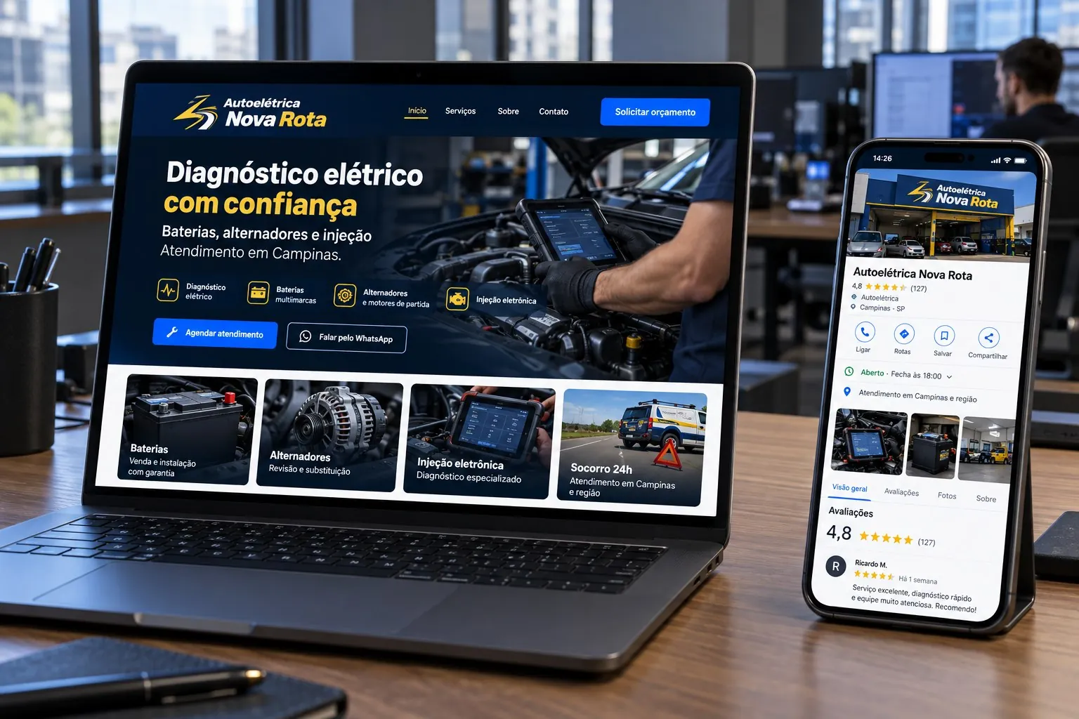 Site da Autoelétrica Nova Rota ao lado do perfil local no celular