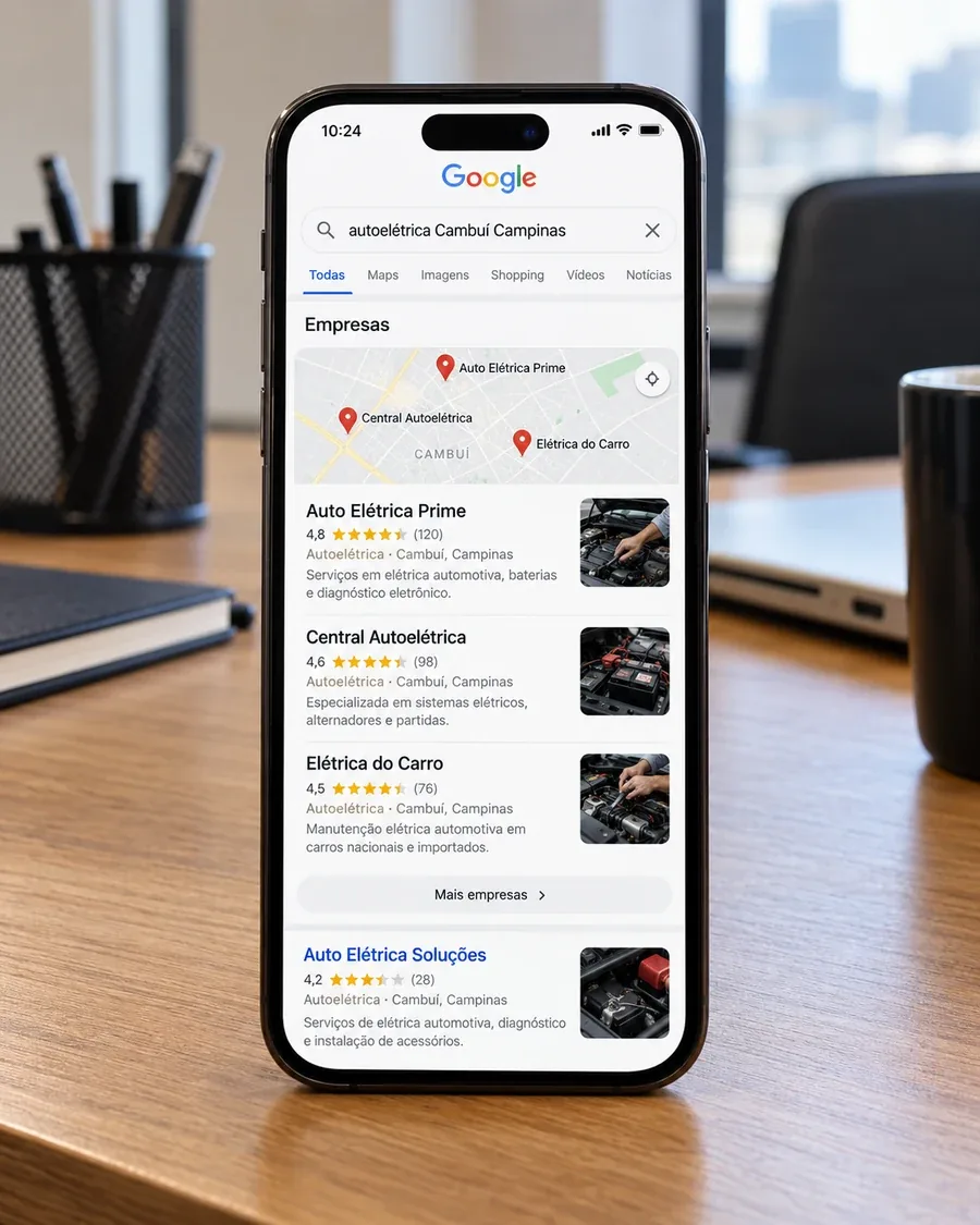 Resultados fictícios do Google para autoelétrica no Cambuí, Campinas, exibidos em um celular