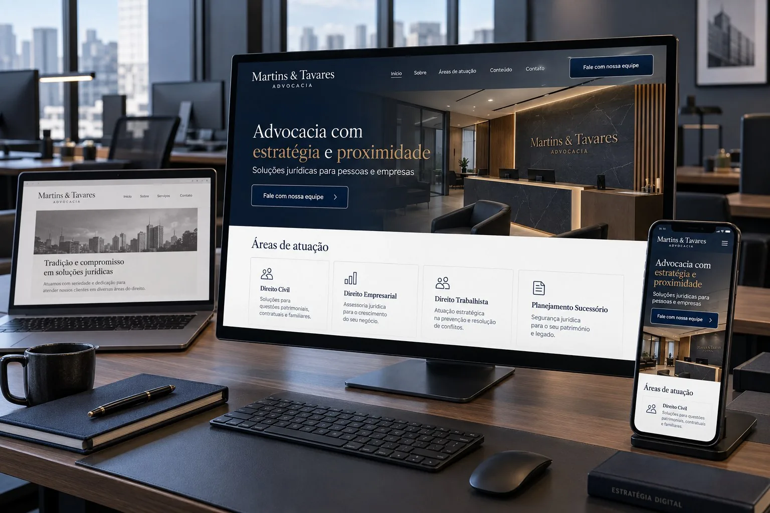 Redesign responsivo do site fictício Martins & Tavares Advocacia em monitor e celular
