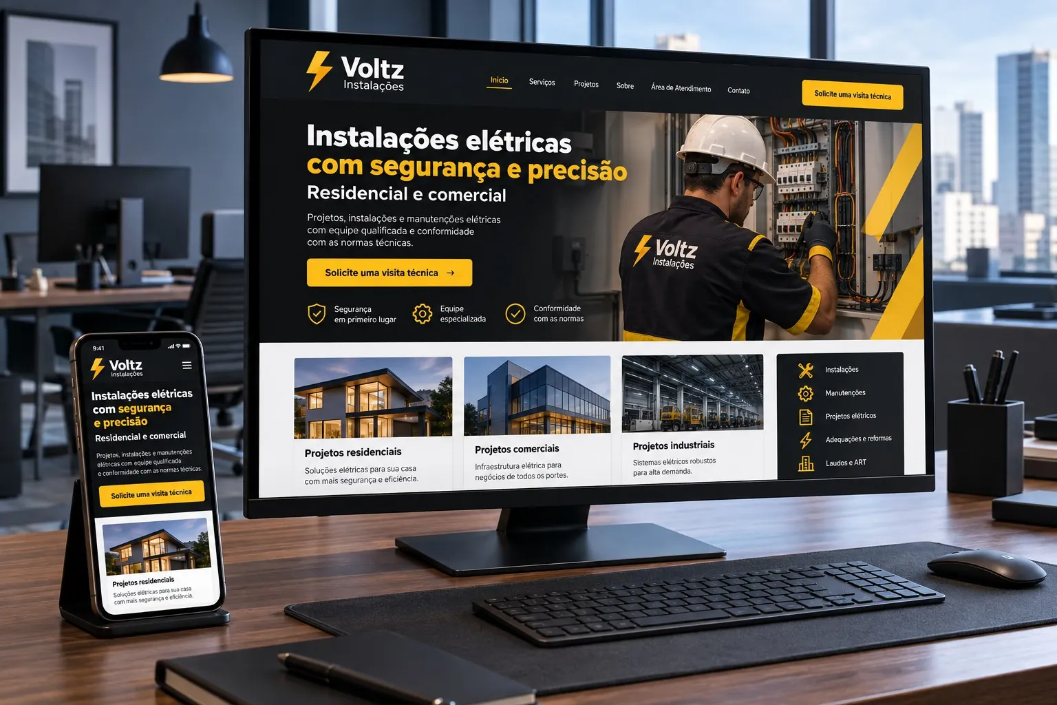 Site da prestadora fictícia Voltz Instalações após a reformulação, em monitor e celular