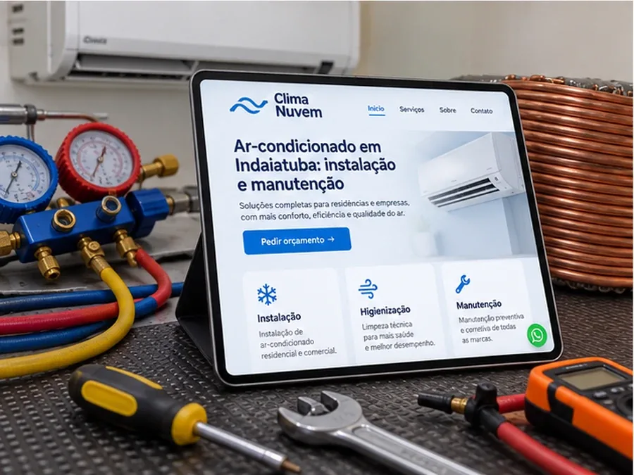 Tablet com o site fictício da Clima Nuvem, de instalação de ar-condicionado em Indaiatuba, entre ferramentas de refrigeração
