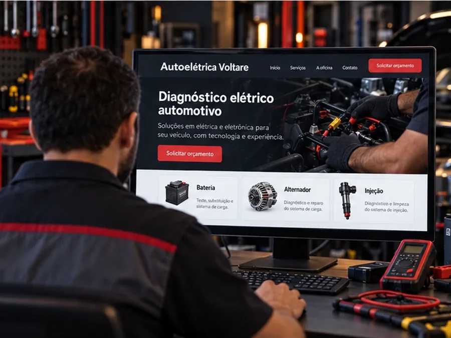 Técnico de autoelétrica diante do monitor com o site fictício da Autoelétrica Voltare e seus serviços de diagnóstico