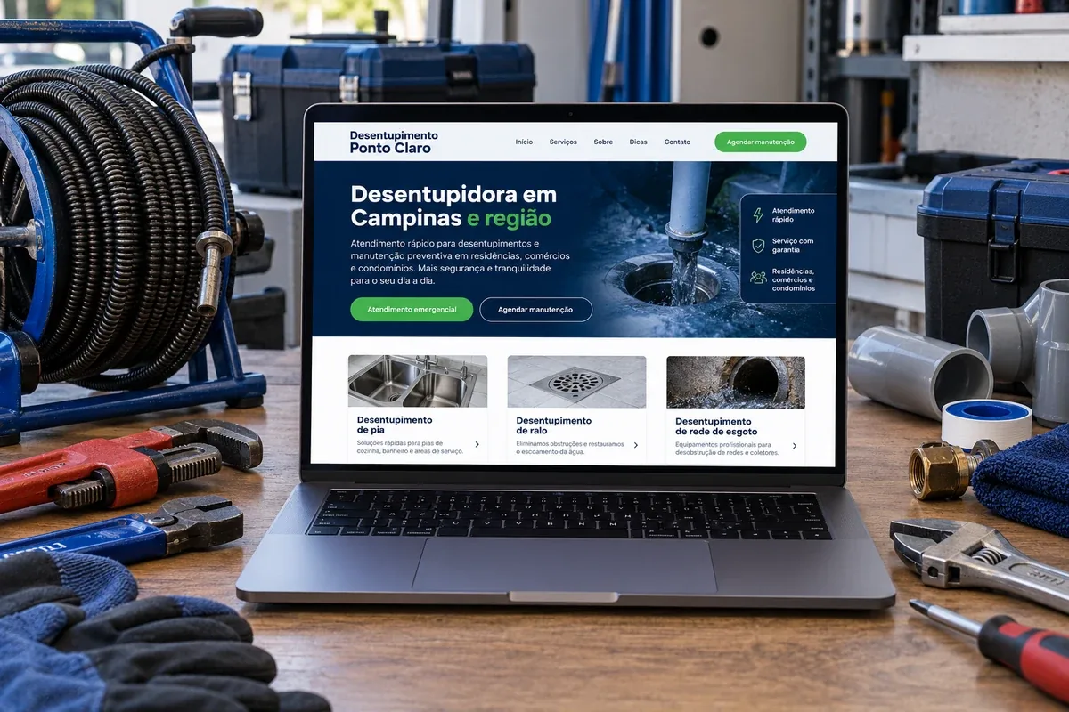 Mockup de site fictício da Desentupimento Ponto Claro apresentando urgência e manutenção
