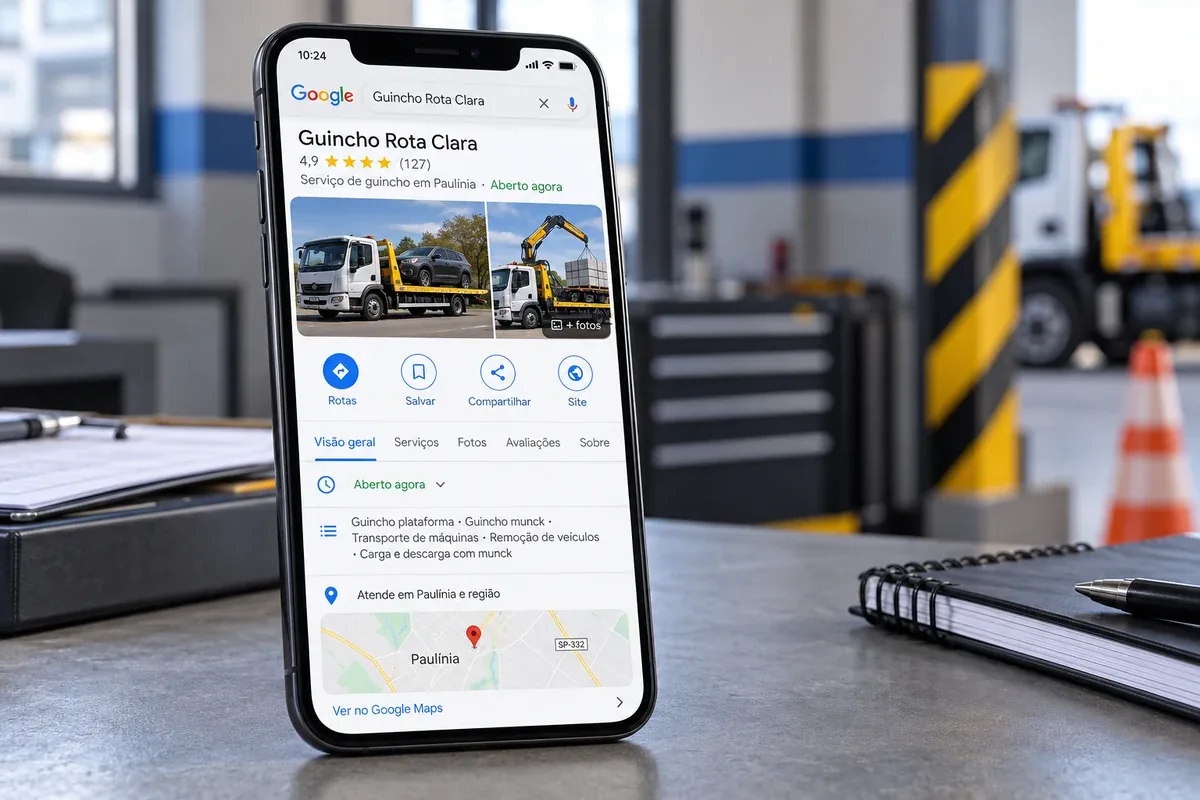Perfil fictício da Guincho Rota Clara no Google Maps, com mapa e fotos de atendimento