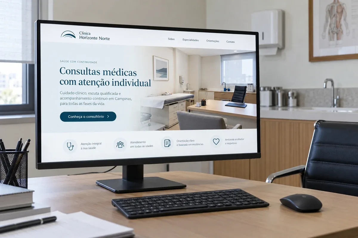 Mockup do site fictício da Clínica Horizonte Norte, com informações de atendimento médico