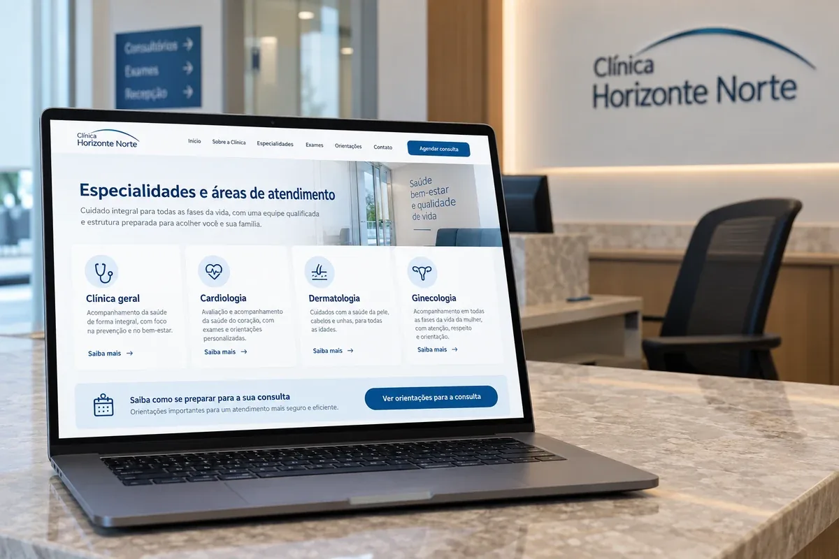 Página de especialidades do site fictício da Clínica Horizonte Norte