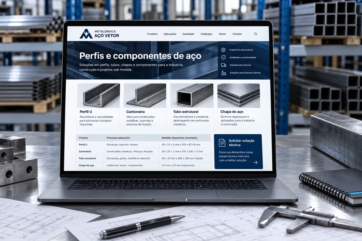 Catálogo de perfis e componentes de aço no site fictício da Metalúrgica Aço Vetor