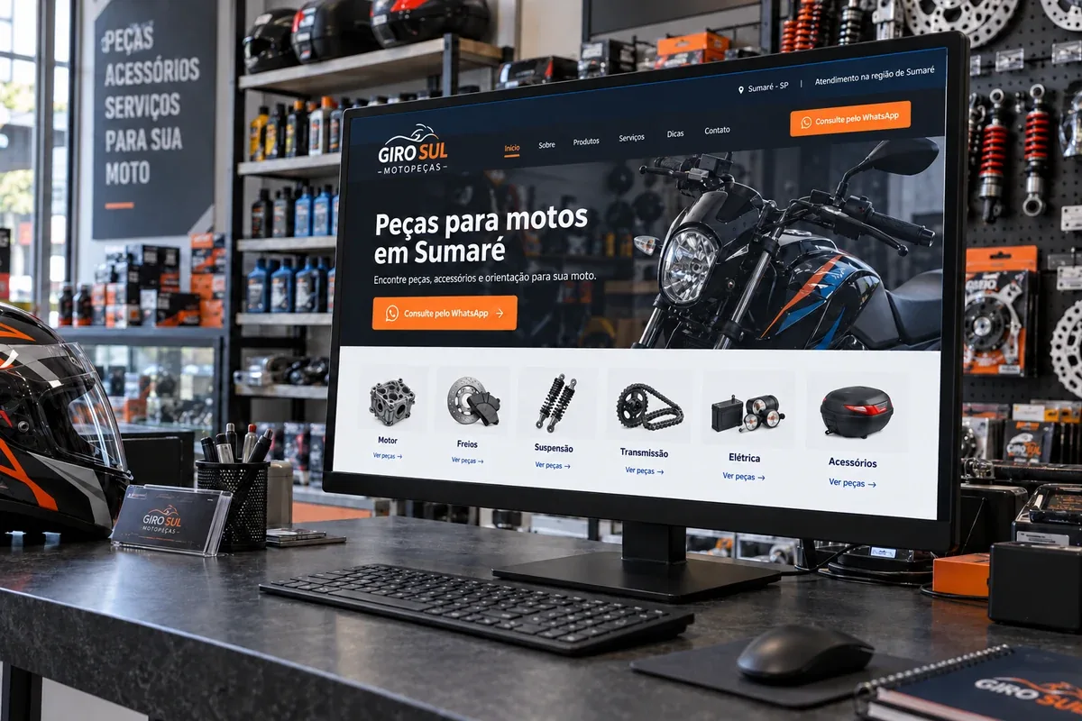 Mockup do site fictício Giro Sul Motopeças, com peças para motos em Sumaré