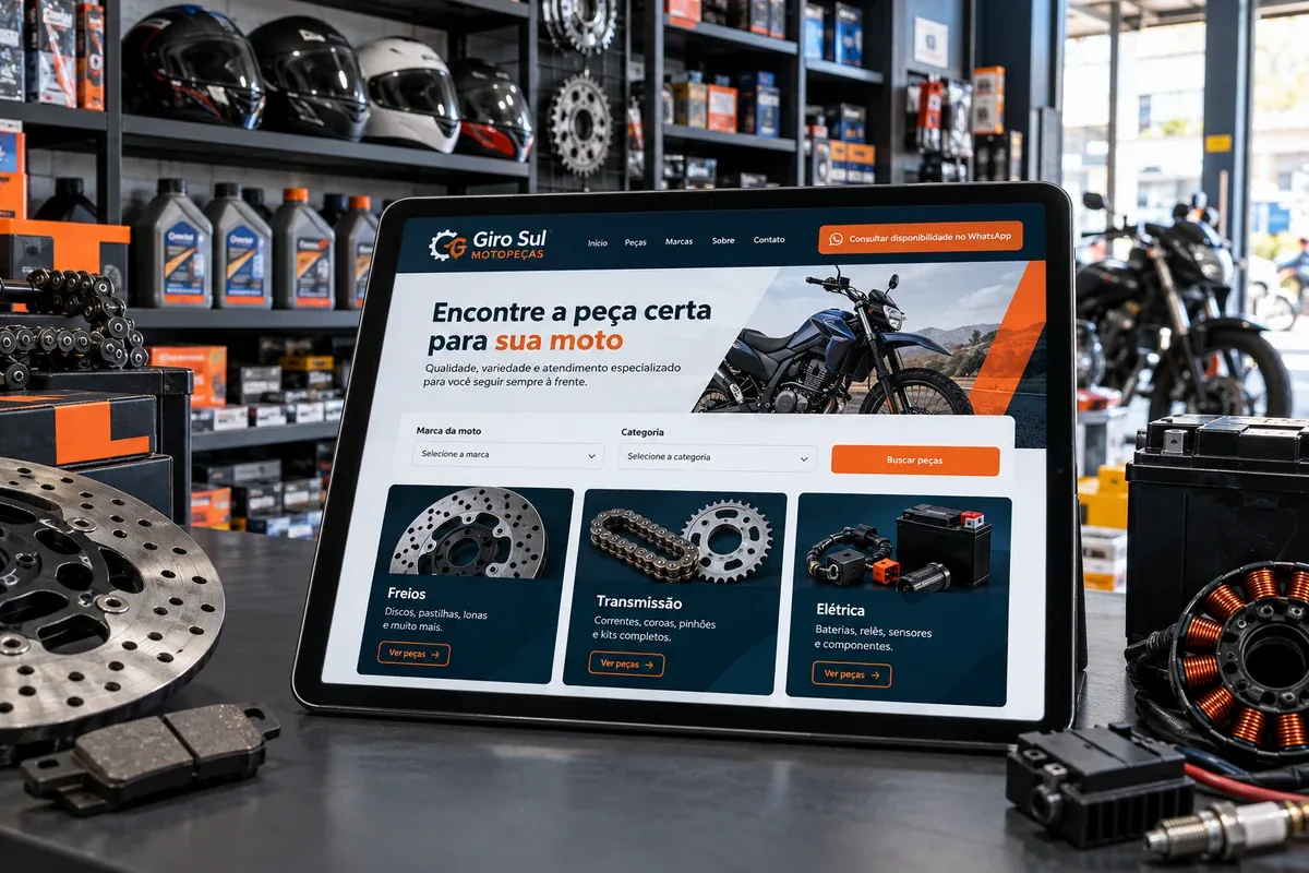 Página de catálogo institucional da Giro Sul Motopeças com categorias de peças e consulta pelo WhatsApp