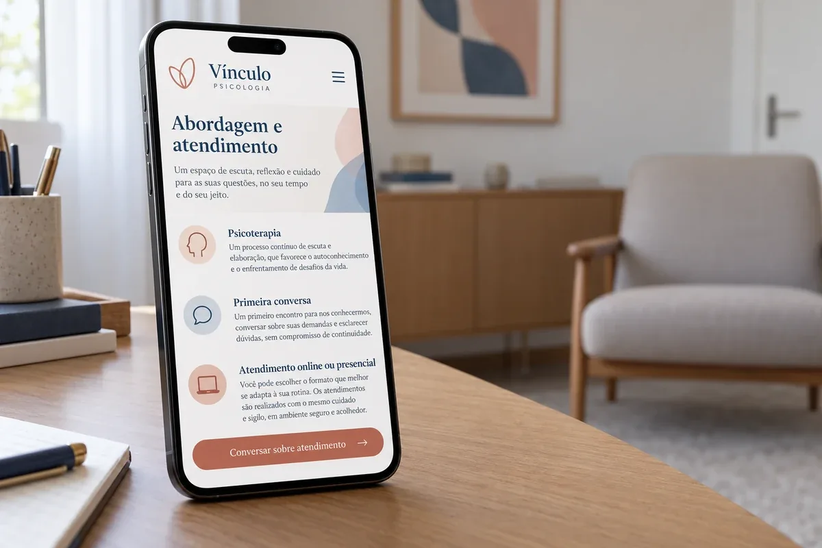 Página móvel de abordagem e atendimento no site fictício Vínculo Psicologia
