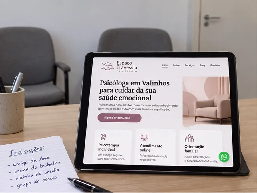 Tablet com o site fictício de uma psicóloga de Valinhos sobre a mesa do consultório, ao lado de anotações de indicações