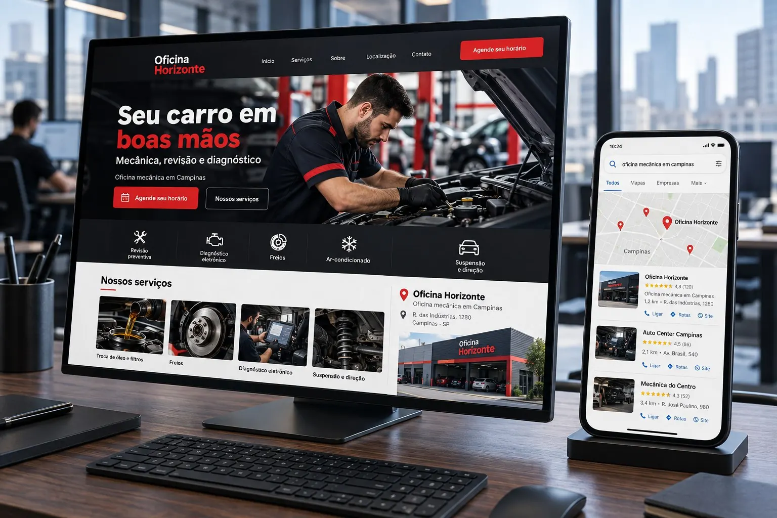 Site da Oficina Horizonte ao lado de resultados locais e mapa de Campinas no celular