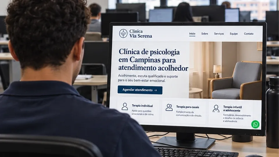 Pessoa de costas acompanhando no monitor o site fictício da Clínica Via Serena, de psicologia em Campinas
